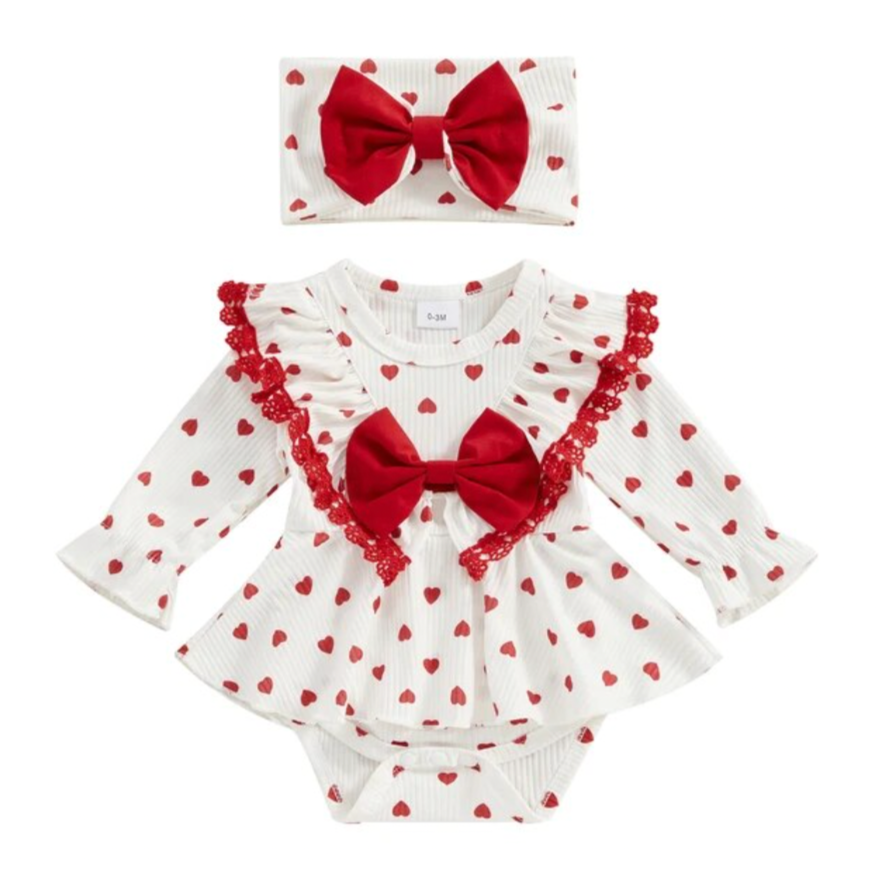 Hearts & Lace Ruffle Romper & Bow - PREORDER