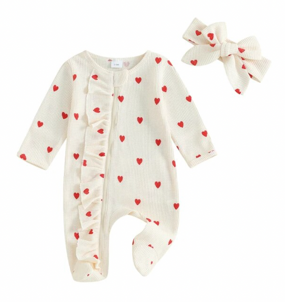 Mini Hearts Waffle Ruffle Rompers & Bows (4 Colors) - PREORDER