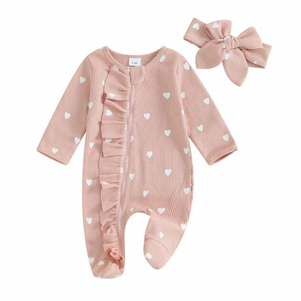 Mini Hearts Waffle Ruffle Rompers & Bows (4 Colors) - PREORDER