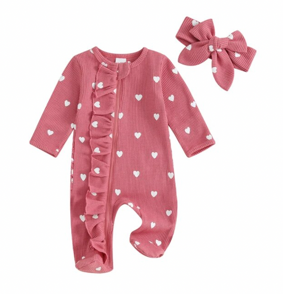 Mini Hearts Waffle Ruffle Rompers & Bows (4 Colors) - PREORDER