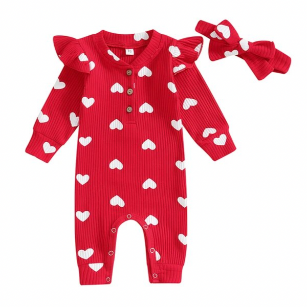 Solid Ribbed Hearts Rompers & Bows (2 Colors) - PREORDER