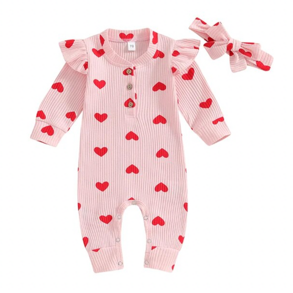 Solid Ribbed Hearts Rompers & Bows (2 Colors) - PREORDER