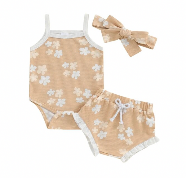 Neutral Kenzie Floral Waffle Tank Outfits & Bows (2 Colors) - PREORDER