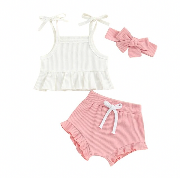 Crop Top Ruffle Ribbed Outfits (3 Colors) - PREORDER