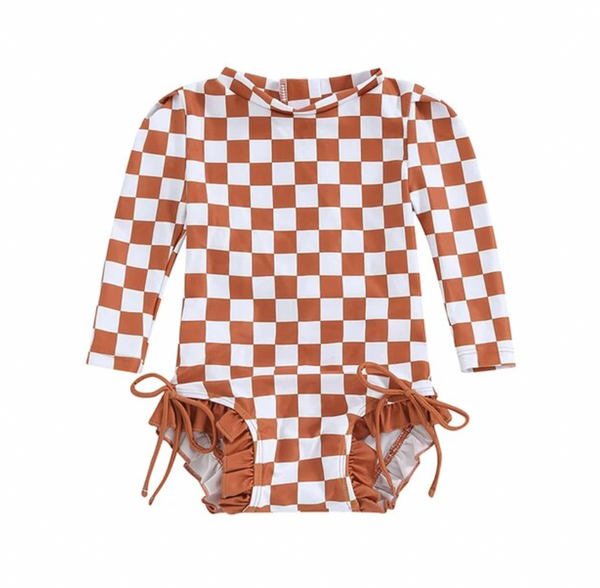 Checkered Ruffle Bum Swimsuits (3 Colors) - PREORDER