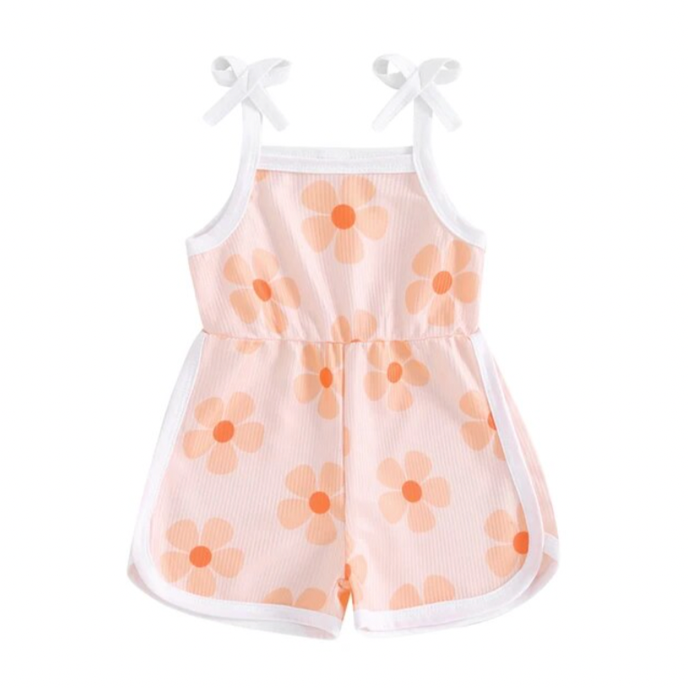 Peach Daisies Ribbed Tie Shorts Romper - PREORDER
