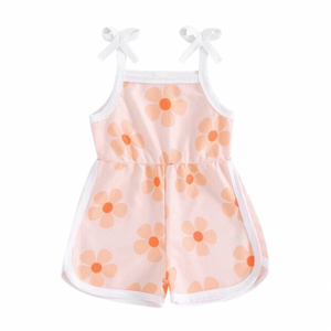 Peach Daisies Ribbed Tie Shorts Romper - PREORDER