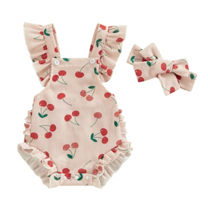 Cherry Waffle Romper & Bow - PREORDER