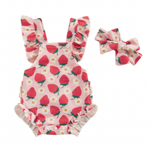 Strawberries & Daisies Waffle Romper & Bow - PREORDER