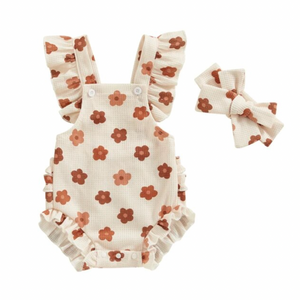 Neutral Kenzie Floral Waffle Ruffle Romper & Bow - PREORDER