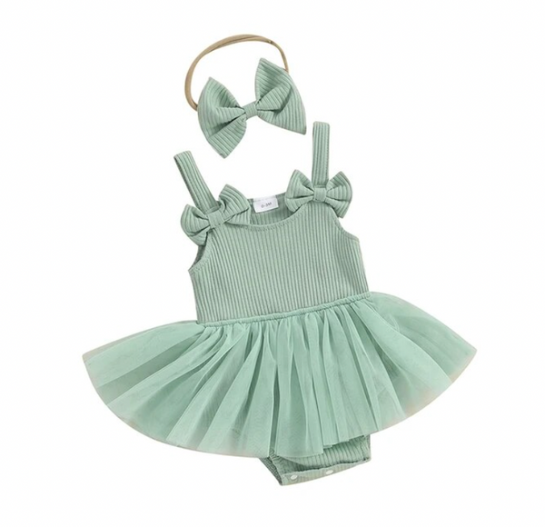 Solid Ribbed Bow Tutu Romper Dresses & Bows (3 Colors) - PREORDER