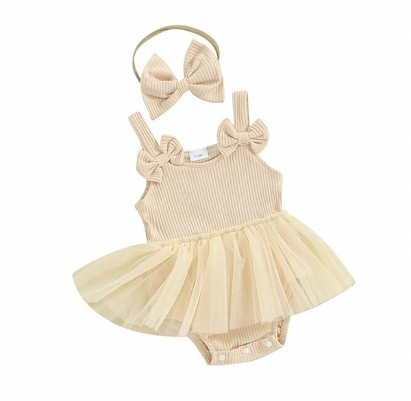 Solid Ribbed Bow Tutu Romper Dresses & Bows (3 Colors) - PREORDER