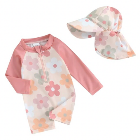 Neutral Pink Daisies Swimsuits & Hats (2 Styles) - PREORDER
