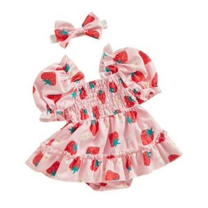 Strawberries & Daisies Puff Sleeve Romper Dress & Bow - PREORDER