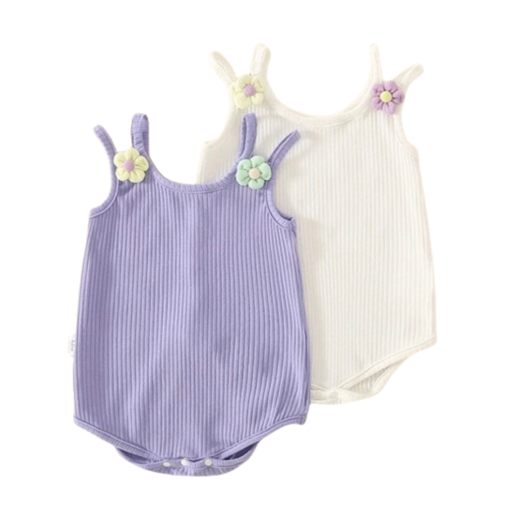 Double Strap Daisy Ribbed Rompers (4 Colors) - PREORDER