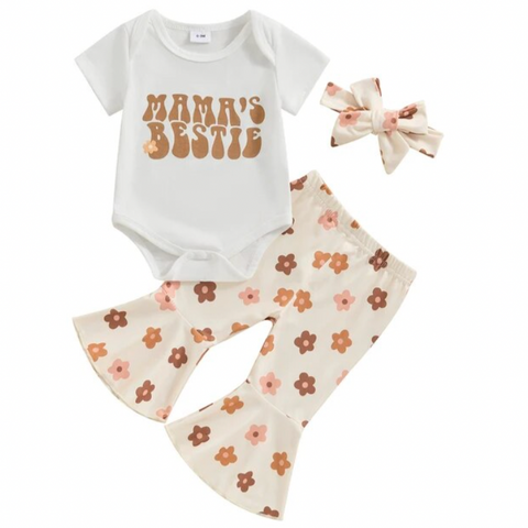 Mamas Bestie Neutral Kenzie Floral Outfit & Bow - PREORDER