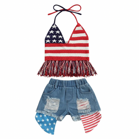 American Flag Tassel Denim Outfit - PREORDER