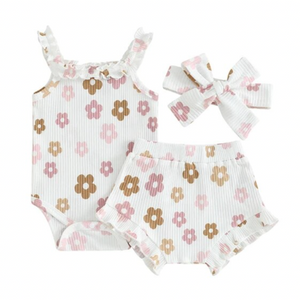 Neutral Kenzie Floral Tank Ribbed Outfit & Bow - PREORDER