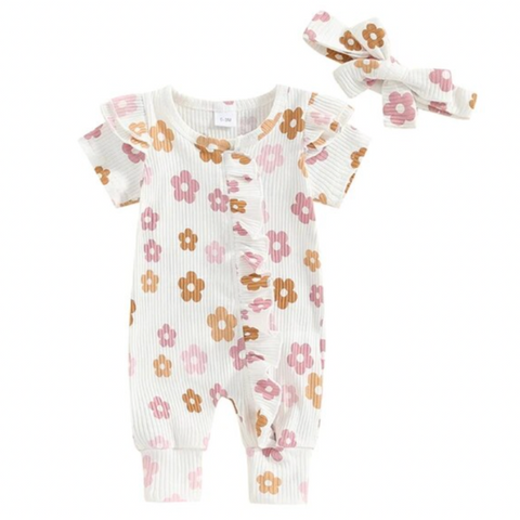 Pink Neutral Daisies Romper & Bow - PREORDER