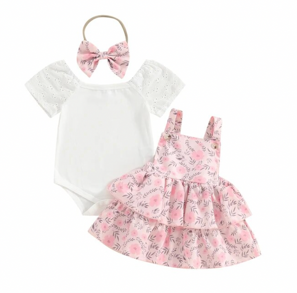Pink Floral Lace Overalls Outfit Dress & Bow - PREORDER