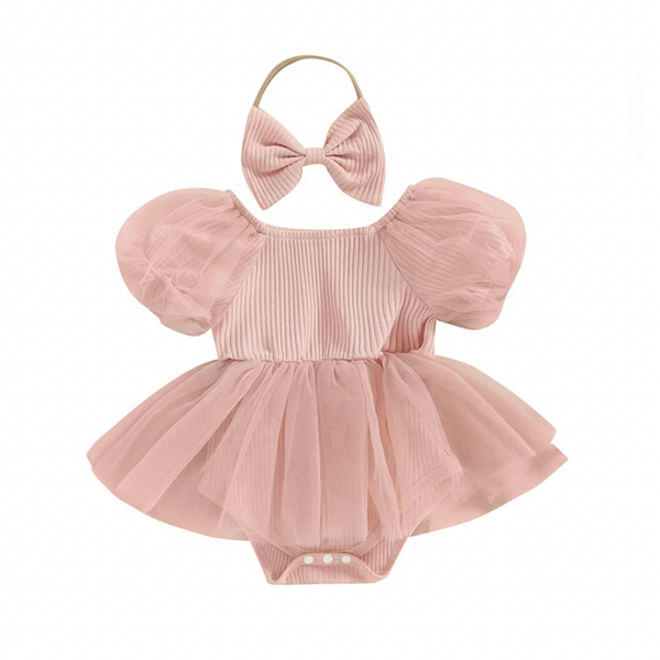 Ribbed Bubble Sleeve Tutu Romper Dresses & Bows (3 Colors) - PREORDER