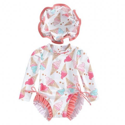Pink & Blue Ice Creams Ruffle Swimsuit & Hat - PREORDER