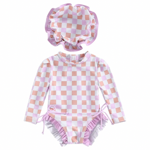Purple & Peach Checkered Ruffle Swimsuit & Hat - PREORDER