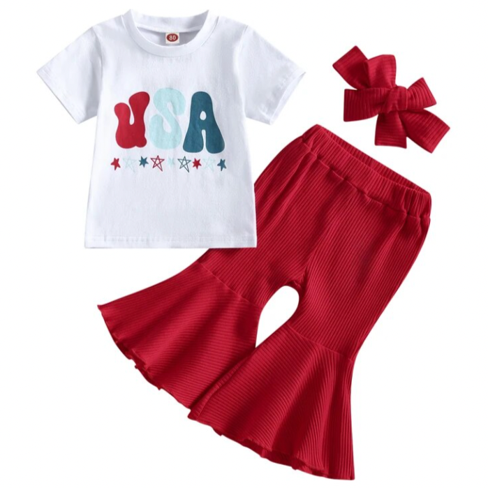 USA Red Ribbed Bells Outfit & Bow - PREORDER