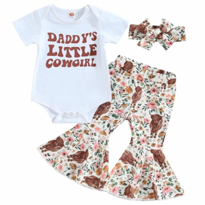 Daddys Little Cowgirl Spring Flowers & Bulls Outfit & Bow - PREORDER