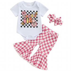 Mamas Girl Pink Checkered Outfit & Bow - PREORDER