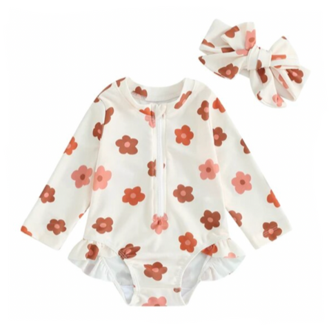 Neutral Kenzie Floral Swimsuit & Bow - PREORDER