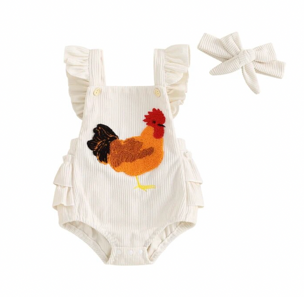 Rooster Corduroy Ruffle Rompers & Bows (3 Colors) - PREORDER
