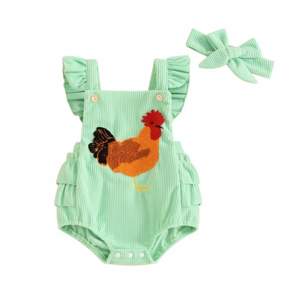 Rooster Corduroy Ruffle Rompers & Bows (3 Colors) - PREORDER
