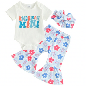 American Babe Checkered Daises & Fireworks Outfit & Bow - PREORDER