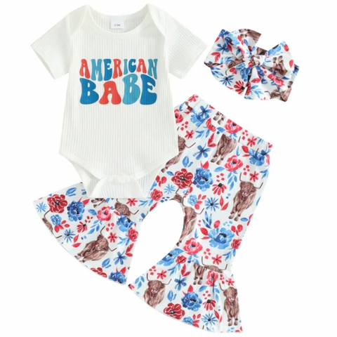 American Babe Flowers & Bulls Outfit & Bow - PREORDER