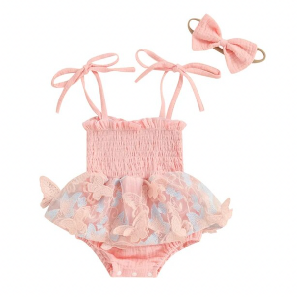 Pink Butterflies Tutu Romper Dress & Bow - PREORDER