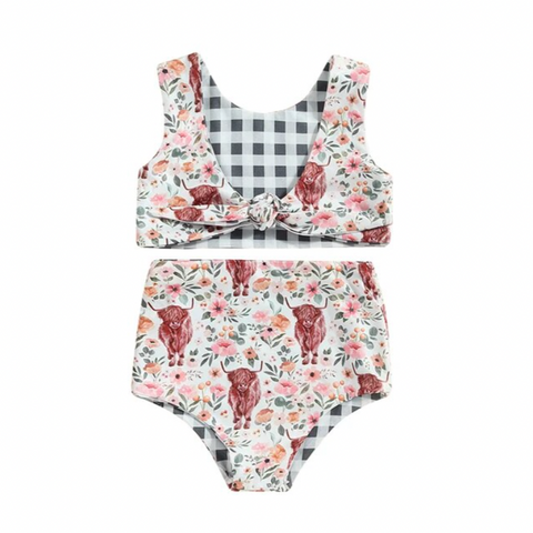 Checkered Spring Flowers & Bulls Reversible Swimsuit - PREORDER