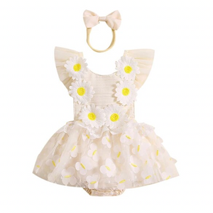 Creamy Daisies Tulle Romper Dress & Bow - PREORDER