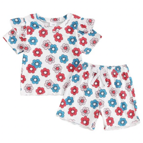 Red, White & Blue Daisies Ruffles Ribbed Outfit - PREORDER