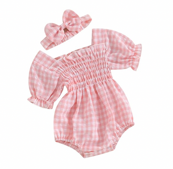 Plaid Puff Sleeve Rompers & Bows (2 Colors) - PREORDER