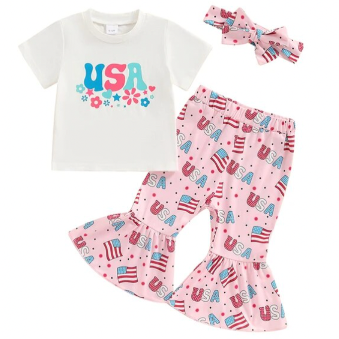 Pink USA Clipart Flags Outfit & Bow - PREORDER