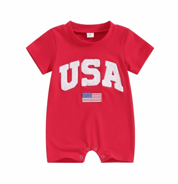 Solid USA & Flag Patch Shorts Rompers (3 Colors) - PREORDER
