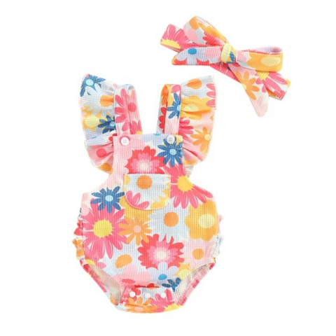 Escape to Paradise Waffle Ruffle Romper & Bow - PREORDER