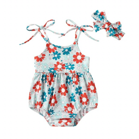 USA Daisies Tie Romper & Bow - PREORDER