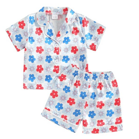 Checkered Fireworks & Daisies Silk Pajamas - PREORDER