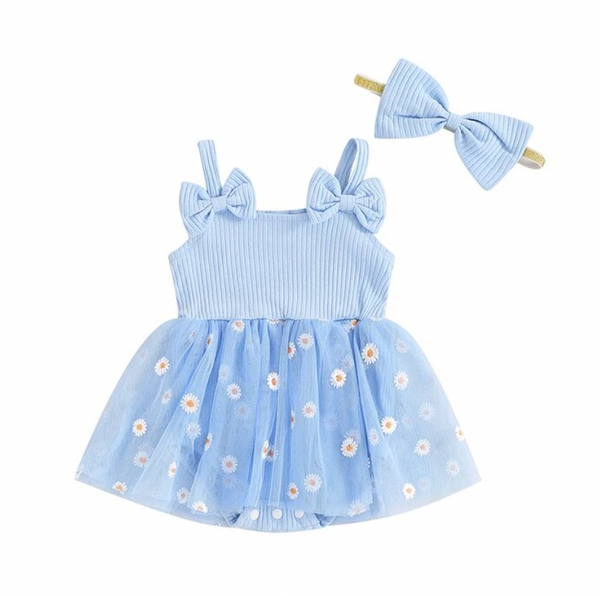 Sunflower Ribbed Bow Tutu Romper Dresses & Bows (3 Colors) - PREORDER