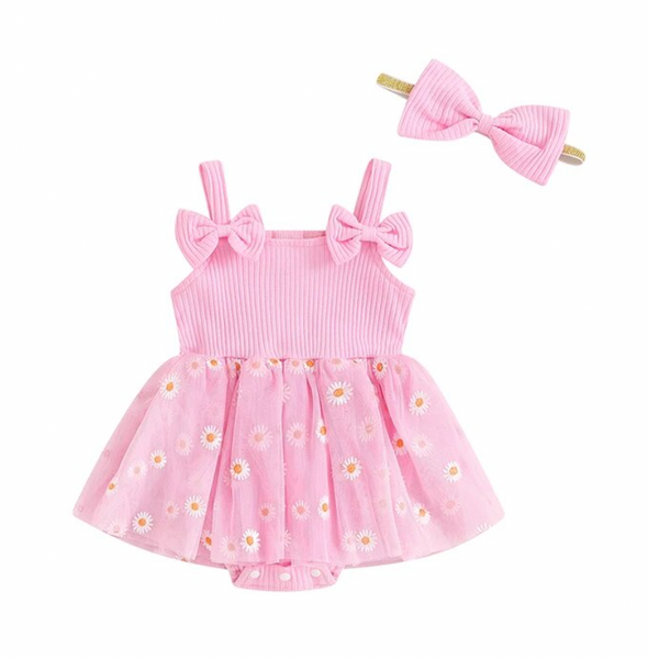 Sunflower Ribbed Bow Tutu Romper Dresses & Bows (3 Colors) - PREORDER