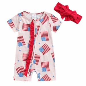 American Flags & Stars Ruffle Shorts Romper & Bow - PREORDER