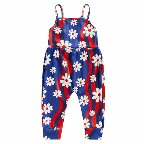 4th of July Groovy Daisies Ribbed Pants Romper - PREORDER
