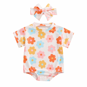 Kenzie Floral Ribbed Romper & Bow - PREORDER